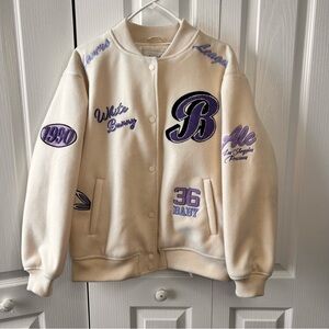 Alcott Women’s White Bunny Purple Patches Bomber Varsity Jacket Size Small Lined